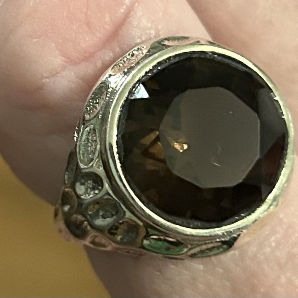 Faceted Dark Stone Ring with Textured Band